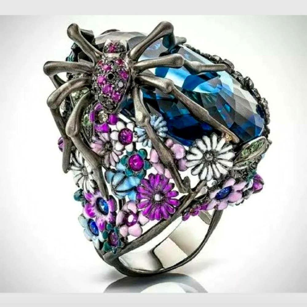 *Sale* New Sapphire Spider Drop Oil Flower Ring.